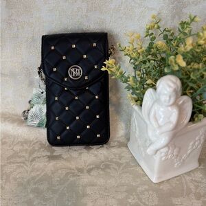 Badgley Mischka Black Quilted Phone Crossbody Bag with Gold Studs NWT